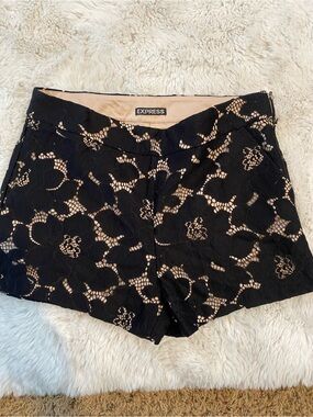 Express Black Lace Overlay Shorts with Nude Lining